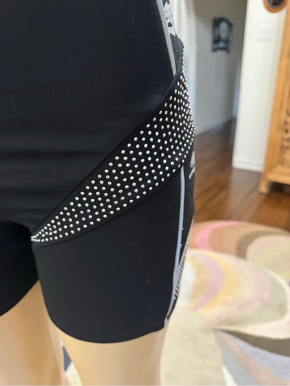 Black Studded Graphic High Waisted Bike Shorts with White Panther Motif